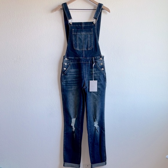 NWT Kancan Distressed Denim Dark Wash Jean Cuffed Cropped Overalls Sz XS - Picture 1 of 9